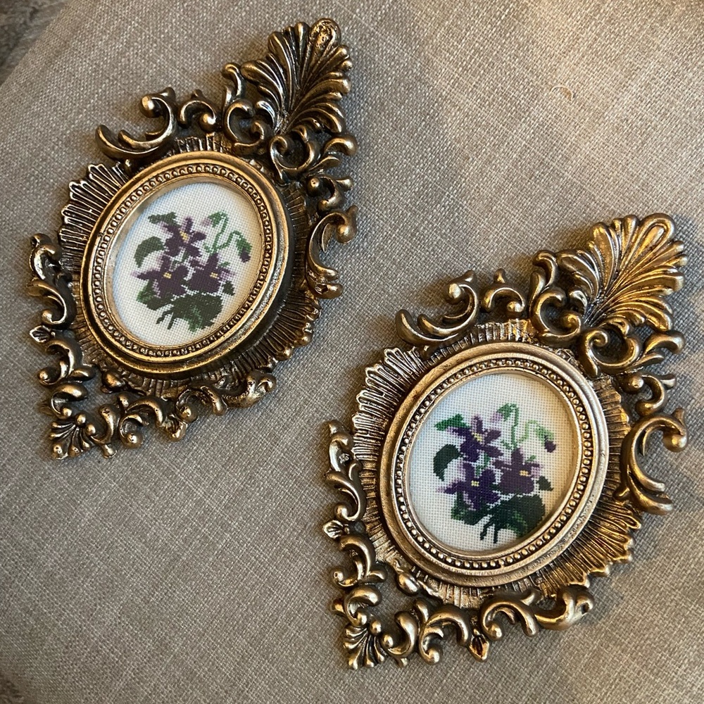 Pair of Vintage framed needlepoint art
